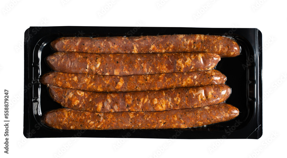 salami sausages in black transparent vacuum packaging isolated on white