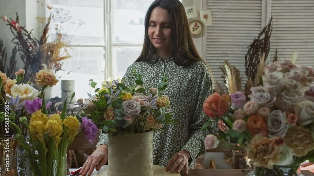Young woman works as florist in flower shop, she collects beautiful bouquet of fresh flowers. Female owner of floral workshop creates beautiful composition of fresh flowers Young woman works as florist in flower shop, she collects beautiful bouquet of fresh flowers. Female owner of floral workshop creates beautiful composition of fresh flowers