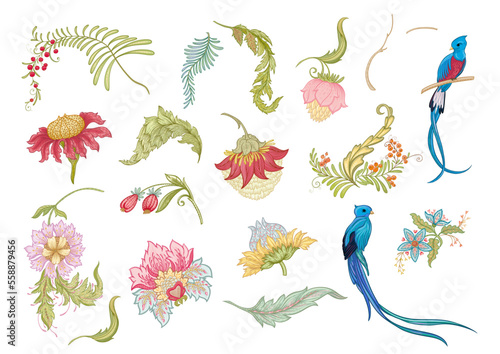 Fantasy flowers with bird of paradise quezal, in retro, vintage, jacobean embroidery style. Clip art, set of elements for design Vector illustration.