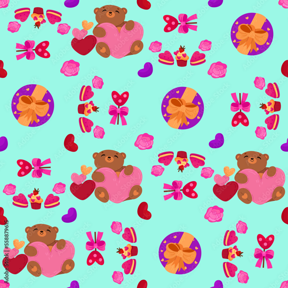 Vector romantic seamless pattern with hearts, gift box, cute bears and sweets on a blue background. Ideal for wrapping paper, decor, textiles. Vector romantic seamless pattern with hearts, gift box, cute bears and sweets on a blue background. Ideal for wrapping paper, decor, textiles.