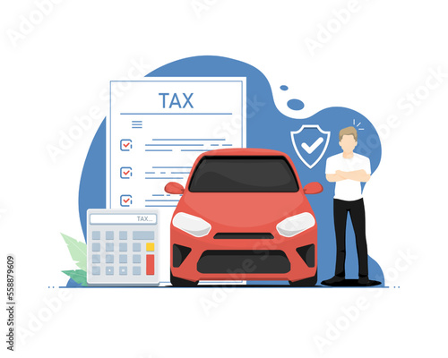 Personal car tax concept, Human standing with tax calculation documents, Digital marketing illustration.