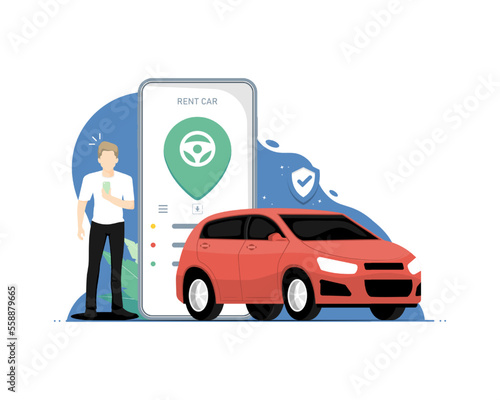 Car rent application concept, Human standing with car rent, Digital marketing illustration.