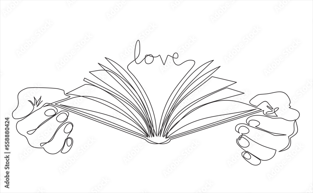 Continuous one line drawing of a hands holding open book flying