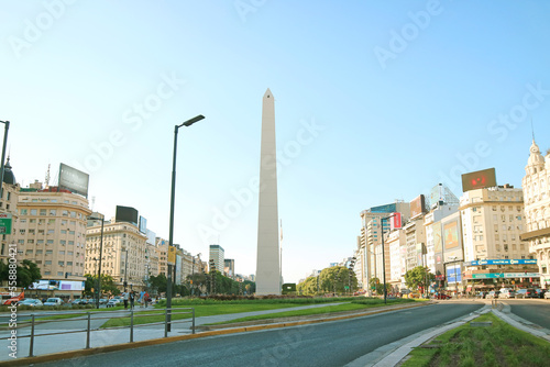 The Obelisk of Buenos Aires or Obelisco de Buenos Aires, a National Historic Monument and Icon of Buenos Aires, Argentina, South America