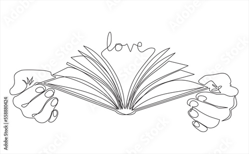 Continuous one line drawing of a hands holding open book flying pages with inscription"love". Human hands holding a book. Vector minimalism design isolated on white background