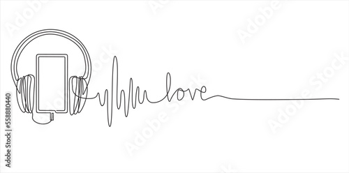 Continuous one line drawing of Phone and headphones with inscription"love". Love music concept. Vector illustration.