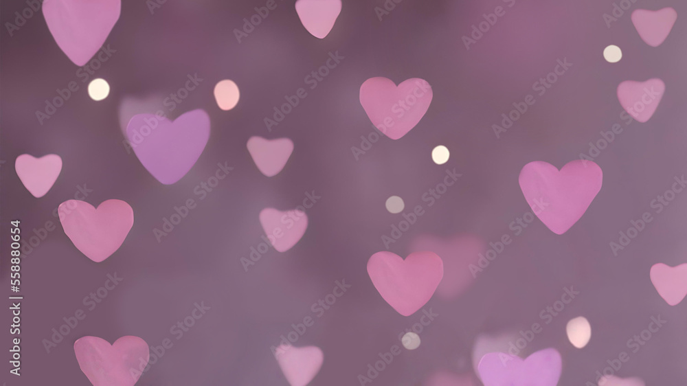Abstract hearts background with cute pink and purple bokeh hearts, illustration Valentines Day Wallpaper aesthetic pink, purple blurred background