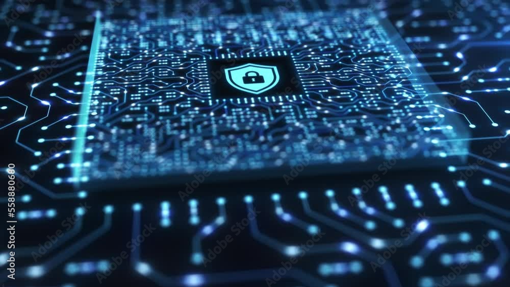 Cyber security and protection of private information and data concept. Locks on blue integrated circuit. Firewall from hacker attack