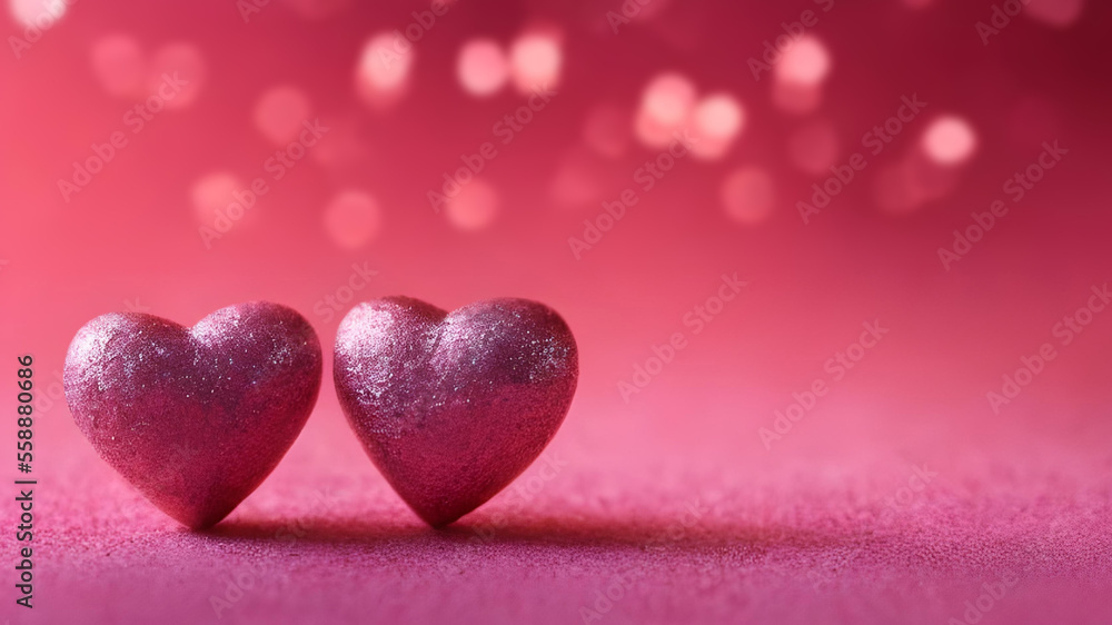 Hearts wallpaper. Two pink hearts. Beautiful Valentine's day concept wallpaper with two pink hearts. Red bokeh background with copy space. Hearts wallpaper. Two pink hearts. Beautiful Valentine's day concept wallpaper with two pink hearts. Red bokeh background with copy space.
