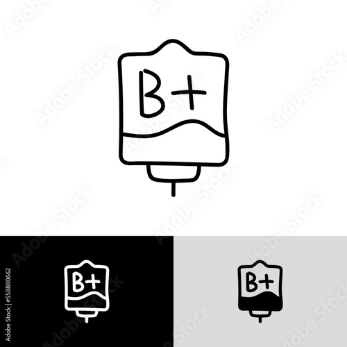 Blood bag with plasma. Doodle thin line icon. Blood donation. Blood type B+. Vector illustration.