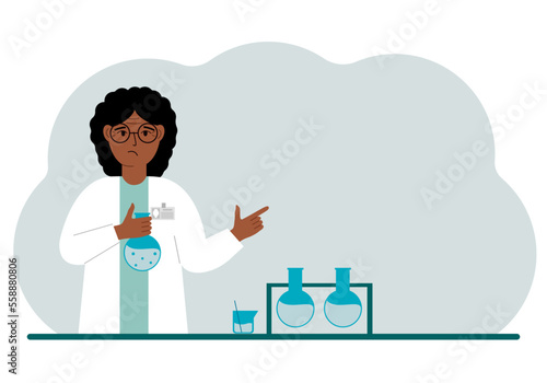 Female scientist with flasks. Experimental scientist, laboratory assistant, biochemistry, chemical, scientific research.