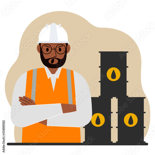Oil barrels and a screaming oilman. Oil industry and worker or engineer in special clothes and helmet.