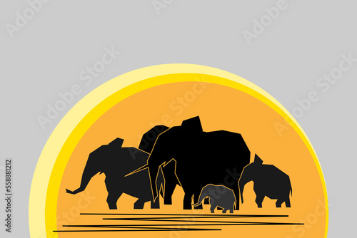 Herd of black abstract silhouettes of elephants in the background of big orange sun isolated on grey background. Wildlife protection concept. Cartoon vector illustration.