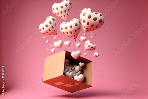 Presente de cartão com balões em forma de corações a voar. Dia de São Valentim e aniversário photo