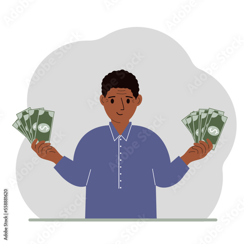 A man with banknotes in both hands. The concept of wealth. Vector