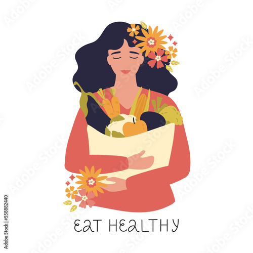 Healthy food concept. A woman holds a package with fresh vegetables and fruits in her hands. Smart wellness lifestyle. Suitable for landing page, app introduction card, editorial, flyer and banner.