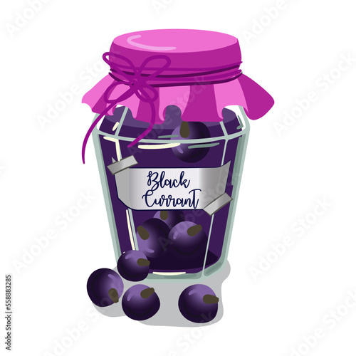 Jar of black currant jam cute vector illustration. Vintage glass container with jelly and berry label. Cute vector illustration for printing on textiles and paper