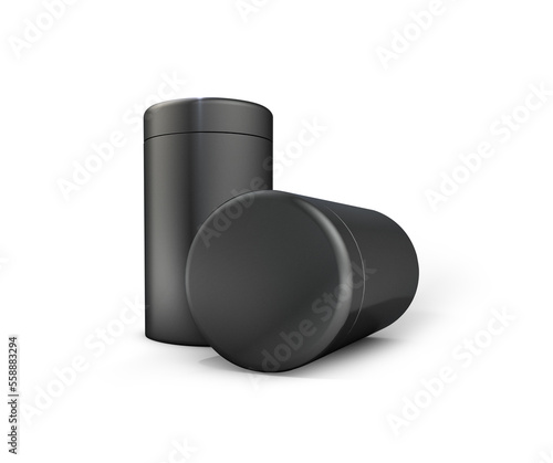 High black metal can, turned lid in front, 3d rendering
