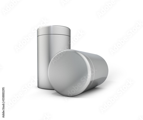 High tin metal can, turned lid in front, 3d rendering