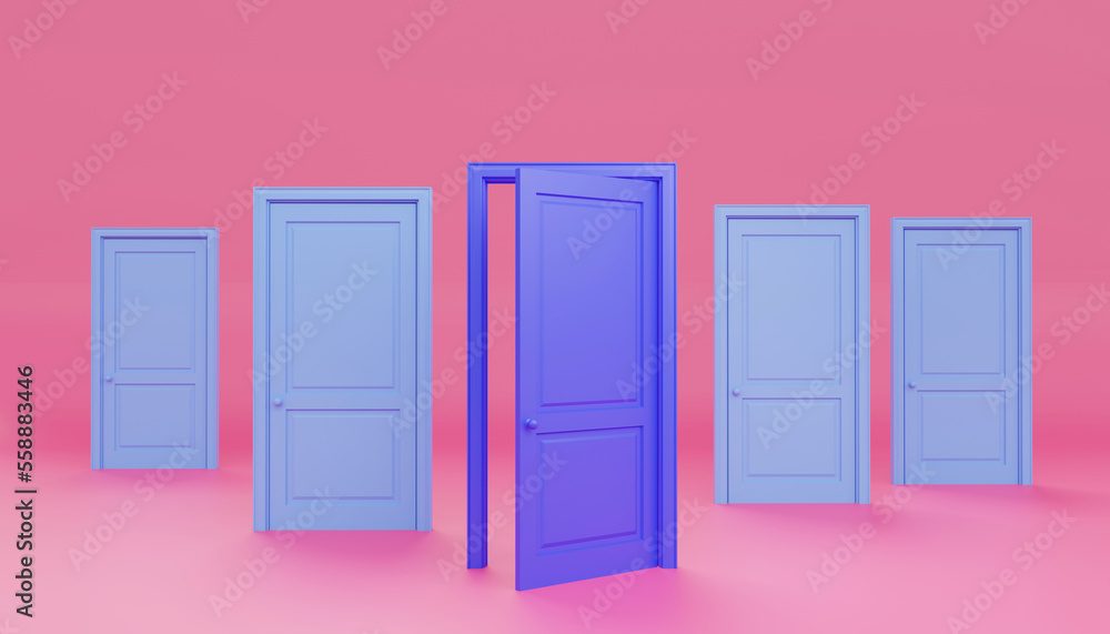 Exit search concept. Labyrinth of doors in a minimalist style. One of the doors is open for entry. Exit search concept. Labyrinth of doors in a minimalist style. One of the doors is open for entry.