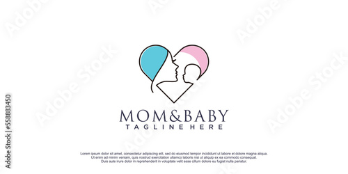 Mom and baby logo with lineart creative design premium vector