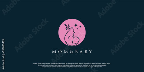 Mom and baby logo with olive element design icon vector illustration