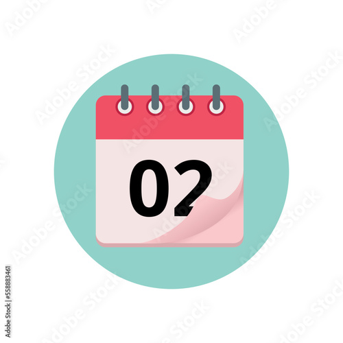 Calendar icon with bent edge effect, diary marking day 02.