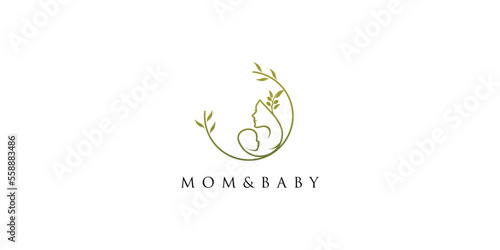Mom and baby logo with olive element design icon vector illustration