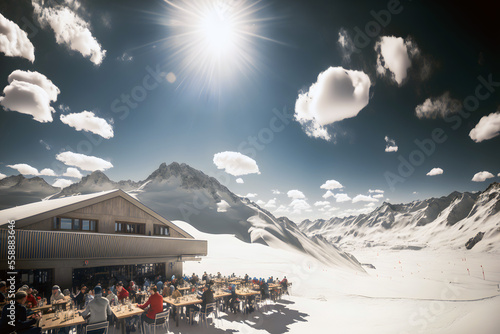 Winter resort, skiers sitting in an outdoor restaurant, mountains, snow, Generative AI