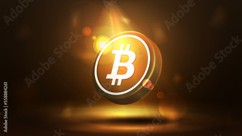 Gold bitcoin on a dark blurred background. Digital Cryptocurrency poster