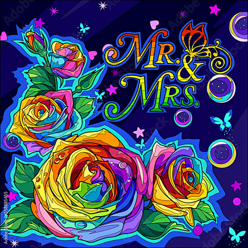 Mr & Mrs, background with colorful flowers photo