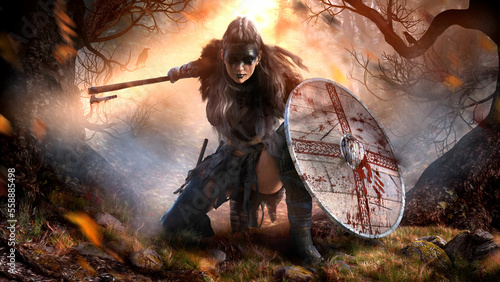 A creepy Viking woman with a bloody axe and shield in a low fighting stance is hiding in the forest in the rays of the sun, she is a demon with black eyes and mystical black tattoos.