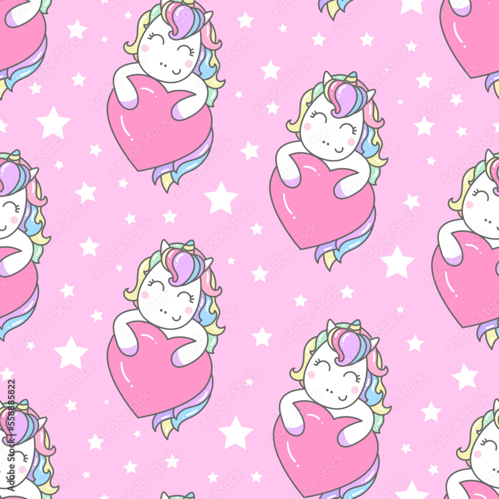 Seamless pattern with unicorn and heart on a pink background. For fabric design, wallpapers, backgrounds, wrapping paper, scrapbooking.Vector