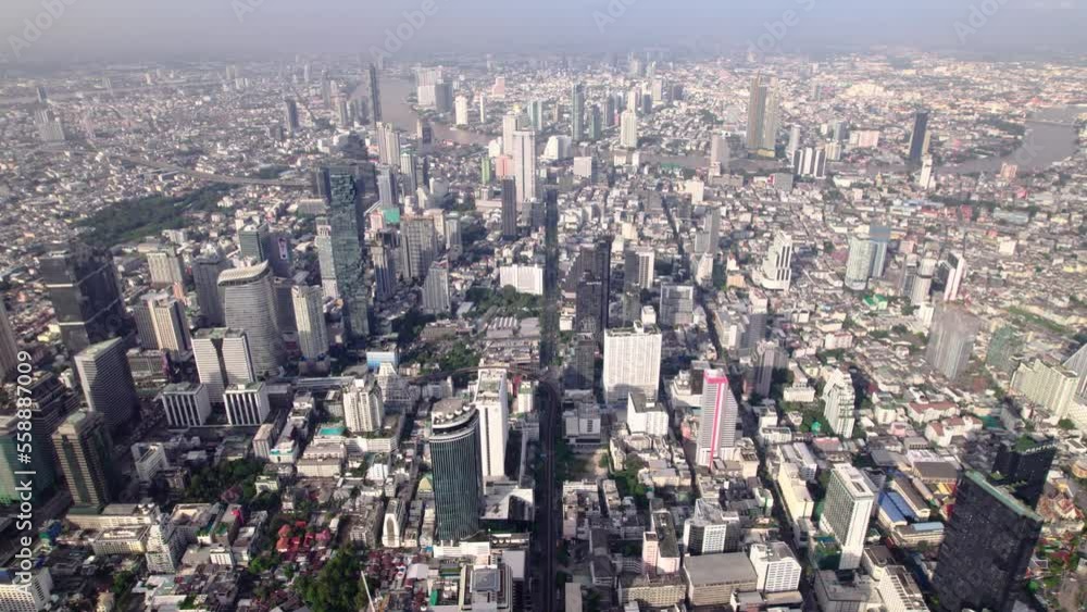 Fly over Bangkok, view of signature buildings, MahaNakon Fly over Bangkok, view of signature buildings, MahaNakon