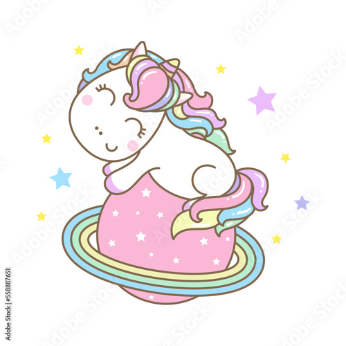 Cute kawaii unicorn on a pink planet with rainbow rings. Isolated illustration on a white background. For children's design of prints, posters, cards, stickers, badges and so on. Vector illustration © Zerlina