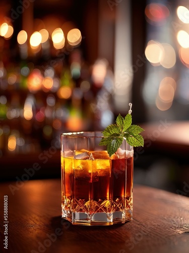 Cold soda cocktail with cola, dark rum and orange in a glass on a bar, bar restaurant background with bottles.