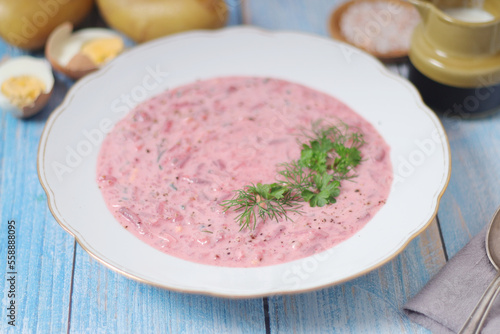 A plate with cold beetroot soup - national dish of Baltic region