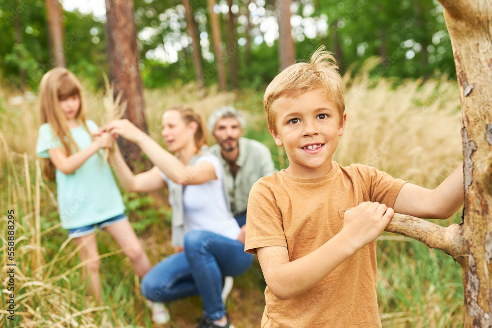 Boy collecting wood while camping with family in forest