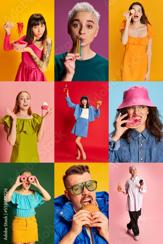 Collage. Portraits of young stylish people, man and women eating, drinking, posing over multicolored background