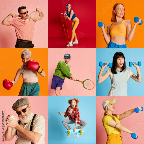 Collage. Active, stylish people, men and women of different age posing with sports equipments over multicolored background