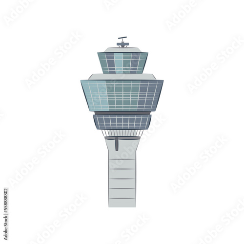 Flight control tower vector illustration. ATC, airport command center, modern building isolated on white background. Aviation industry, traveling, tourism, transportation concept