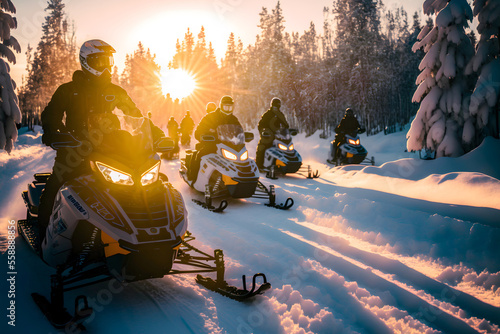 Early morning group snowmobile tour through the forest, Generative AI photo