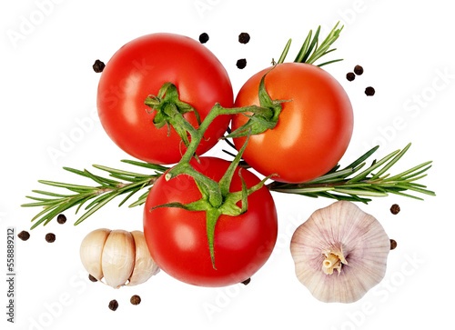Fototapete fresh tomato, herbs and spices on transparent background