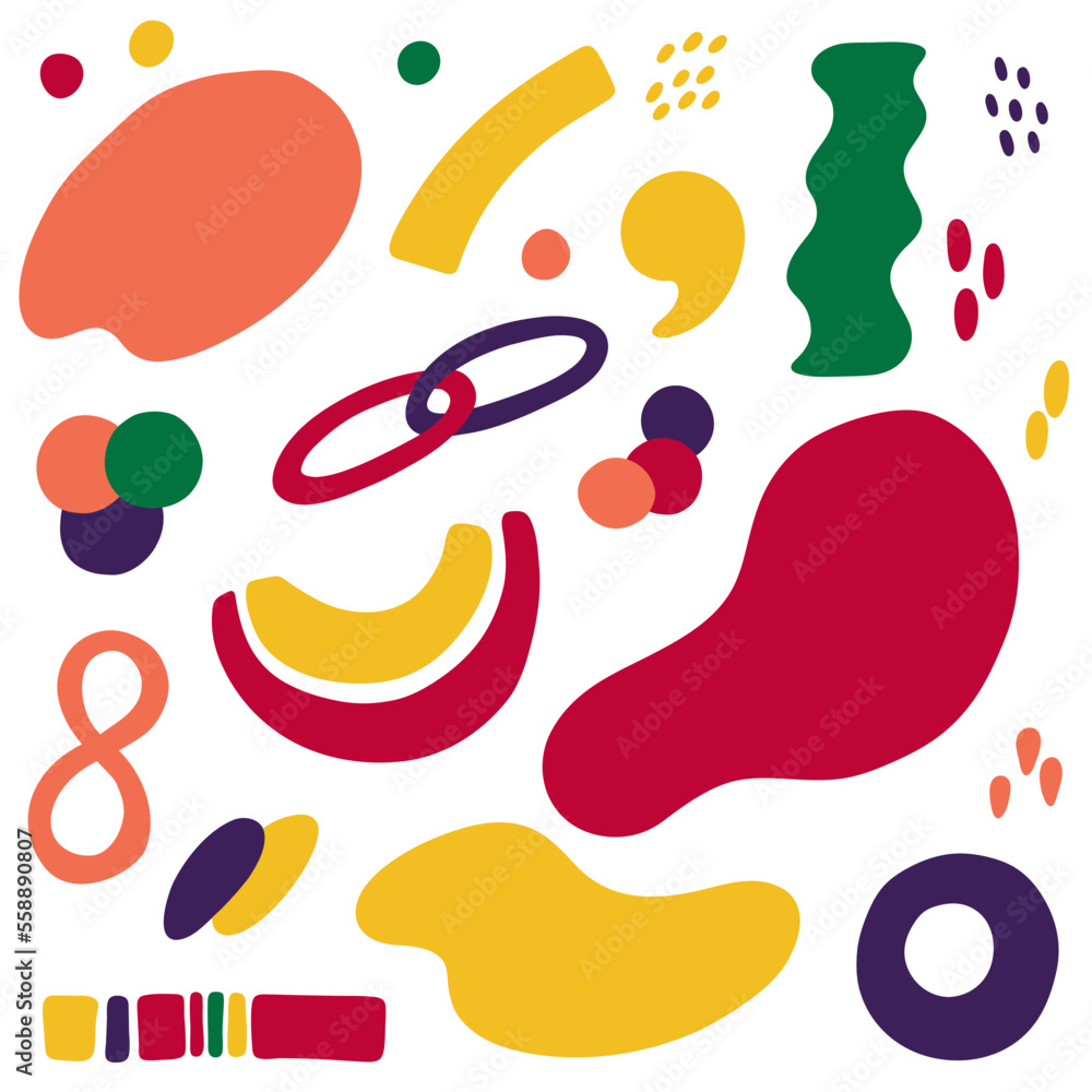 Big set of different colored abstract shapes. Vector illustartions in kidcore style.