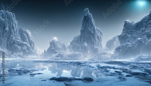 futuristic city scene covered in snow and ice © lndstock
