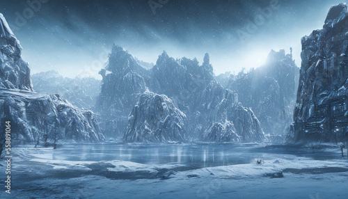 futuristic city scene covered in snow and ice