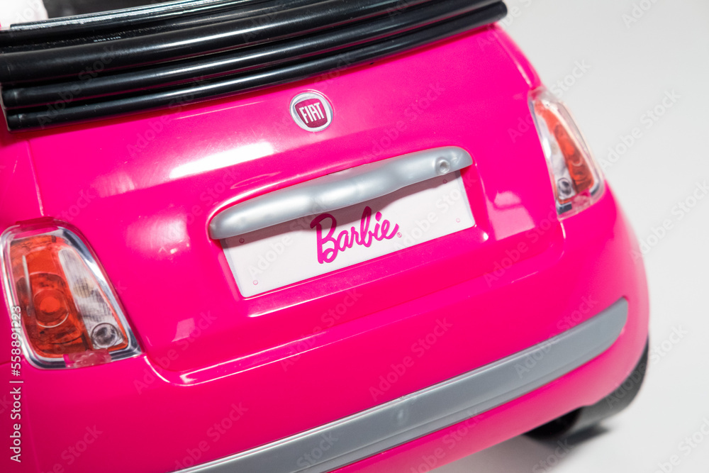 Kent, uk, 01.01.2023, A Barbie Pink Fiat 500 Car Sports Toy