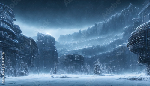 futuristic city scene covered in snow and ice