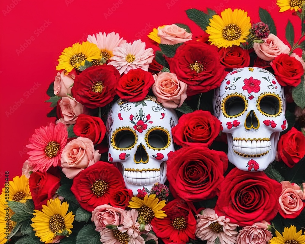sugarskull with roses and flowers in red color. vector. sugarskull with roses and flowers in red color. vector.