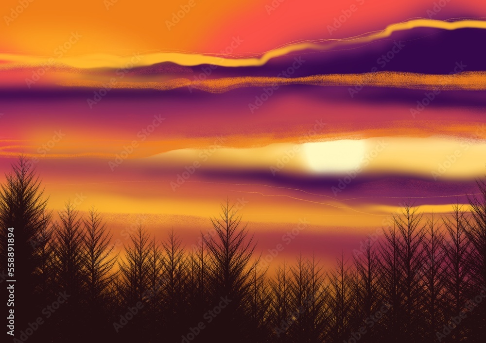 forest on the background of an orange sunset and clouds